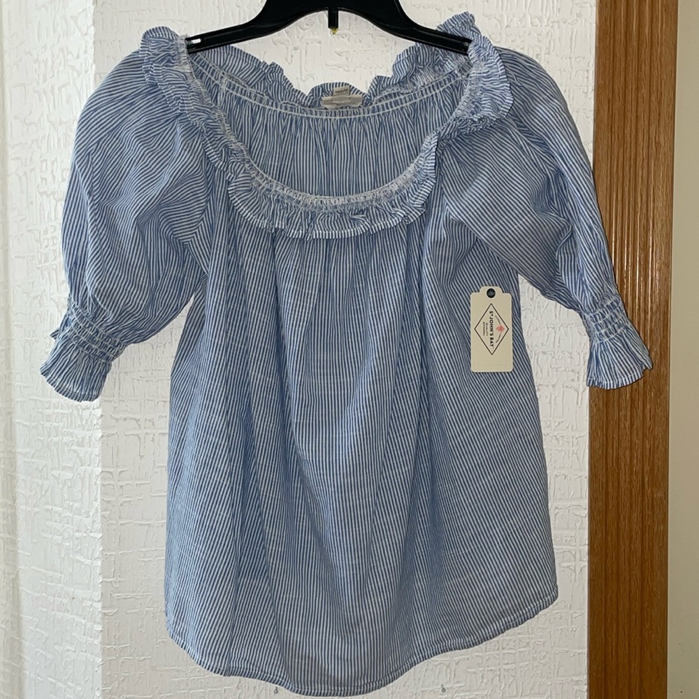 NWT | St John’s Bay | Women’s Blue White Stripe Off the Shoulder Top | Size: L